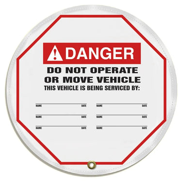 ANSI Danger Steering Wheel Message Cover: Do Not Operate Or Move Vehicle (Under Service) – Lockout/Tagout