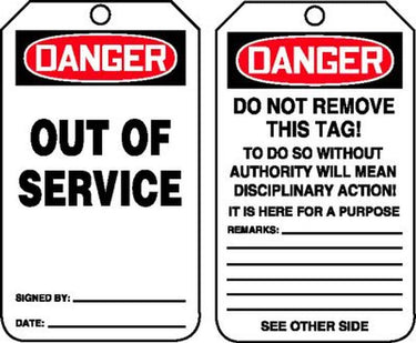 OSHA Danger Safety Tag: Out Of Service - Version A – Lockout/Tagout