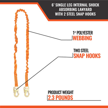 Malta Dynamics 6' Single Leg Internal Shock Absorbing Lanyard with 2 Steel Snap Hooks – Fall Protection