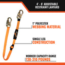 Malta Dynamics 4' - 6' Adjustable Restraint Lanyard with 2 Steel Snap Hooks – Fall Protection