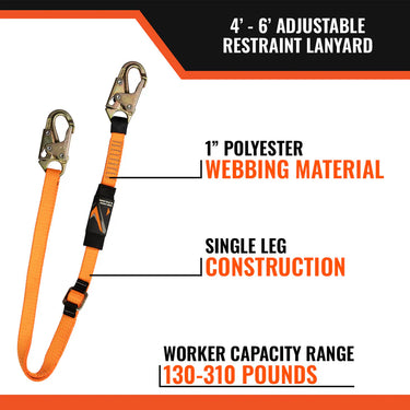 Malta Dynamics 4' - 6' Adjustable Restraint Lanyard with 2 Steel Snap Hooks – Fall Protection