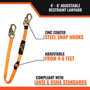 Malta Dynamics 4' - 6' Adjustable Restraint Lanyard with 2 Steel Snap Hooks – Fall Protection