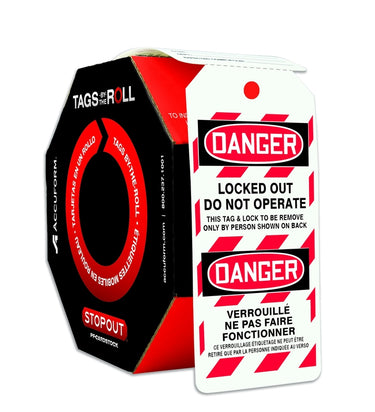 Bilingual OSHA Danger Tags By-The-Roll: Locked Out Do Not Operate – Lockout/Tagout