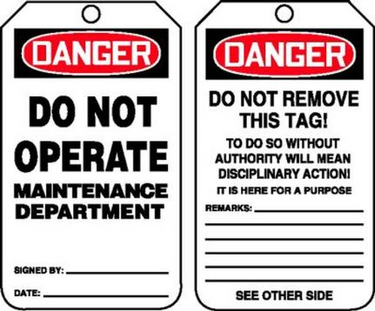 OSHA Danger Safety Tag: Do Not Operate - Maintenance Department – Lockout/Tagout