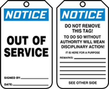 OSHA Notice Safety Tag: Out Of Service – Lockout/Tagout