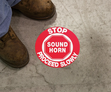 Floor Sign: Stop - Sound Horn - Proceed Slowly – Signs & Labels