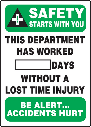 Write-A-Day Scoreboards: Safety Starts With You - This Department Has Worked _ Days Without A Lost Time Injury - Be Alert Accidents Hurt – Lockout/Tagout