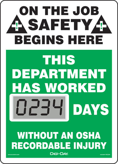 Electronic Scoreboards: On The Job Safety Begins Here - This Department Has Worked _ Days Without an OSHA Recordable Injury – Signs & Labels
