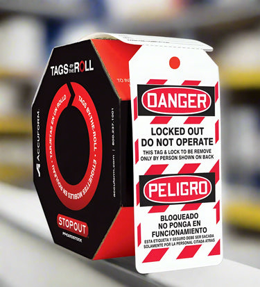 Bilingual OSHA Danger Tags By-The-Roll: Locked Out Do Not Operate – Lockout/Tagout