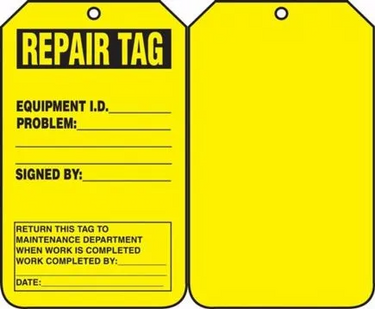 Safety Tag: Repair Tag with Completion Block – Lockout/Tagout