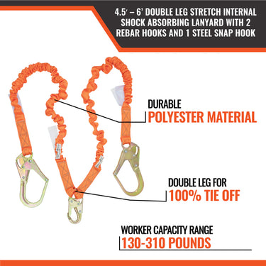 Malta Dynamics 4.5' - 6' Double Leg Stretch Internal Shock Absorbing Lanyard with 2 Rebar Hooks & 1 Steel Snap Hook – Fall Protection