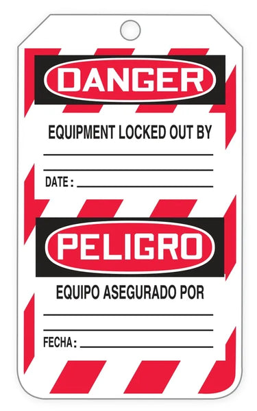 Bilingual OSHA Danger Tags By-The-Roll: Locked Out Do Not Operate – Lockout/Tagout