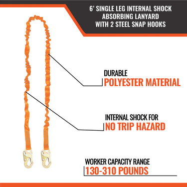 Malta Dynamics 6' Single Leg Internal Shock Absorbing Lanyard with 2 Steel Snap Hooks – Fall Protection