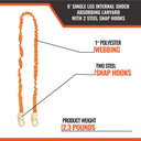Malta Dynamics 6' Single Leg Internal Shock Absorbing Lanyard with 2 Steel Snap Hooks – Fall Protection