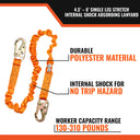 Malta Dynamics 4.5' - 6' Single Leg Stretch Internal Shock Absorbing Lanyard with 2 Steel Snap Hooks – Fall Protection