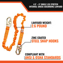 Malta Dynamics 4.5' - 6' Single Leg Stretch Internal Shock Absorbing Lanyard with 2 Steel Snap Hooks – Fall Protection
