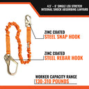 Malta Dynamics 4.5' - 6' Single Leg Stretch Internal Shock Absorbing Lanyard with 1 Rebar Hook and 1 Steel Snap Hook – Fall Protection