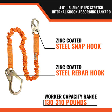 Malta Dynamics 4.5' - 6' Single Leg Stretch Internal Shock Absorbing Lanyard with 1 Rebar Hook and 1 Steel Snap Hook – Fall Protection