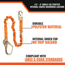 Malta Dynamics 4.5' - 6' Single Leg Stretch Internal Shock Absorbing Lanyard with 1 Rebar Hook and 1 Steel Snap Hook – Fall Protection
