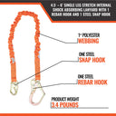 Malta Dynamics 4.5' - 6' Single Leg Stretch Internal Shock Absorbing Lanyard with 1 Rebar Hook and 1 Steel Snap Hook – Fall Protection