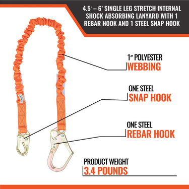 Malta Dynamics 4.5' - 6' Single Leg Stretch Internal Shock Absorbing Lanyard with 1 Rebar Hook and 1 Steel Snap Hook – Fall Protection