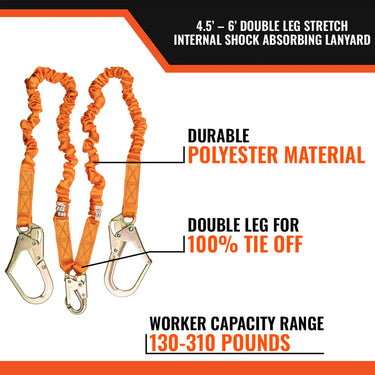 Malta Dynamics 4.5' - 6' Double Leg Stretch Internal Shock Absorbing Lanyard with 2 Rebar Hooks & 1 Steel Snap Hook – Fall Protection