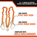 Malta Dynamics 4.5' - 6' Double Leg Stretch Internal Shock Absorbing Lanyard with 2 Rebar Hooks & 1 Steel Snap Hook – Fall Protection