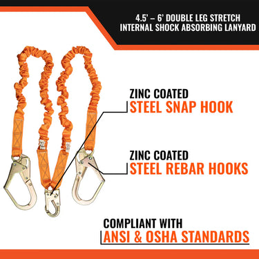 Malta Dynamics 4.5' - 6' Double Leg Stretch Internal Shock Absorbing Lanyard with 2 Rebar Hooks & 1 Steel Snap Hook – Fall Protection