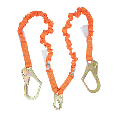 Malta Dynamics 4.5' - 6' Double Leg Stretch Internal Shock Absorbing Lanyard with 2 Rebar Hooks & 1 Steel Snap Hook – Fall Protection