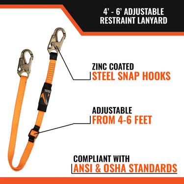 Malta Dynamics 4' - 6' Adjustable Restraint Lanyard with 2 Steel Snap Hooks – Fall Protection