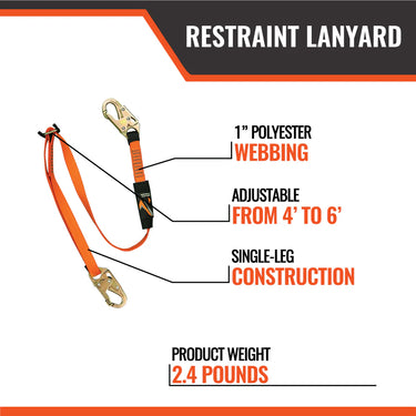 Malta Dynamics 4' - 6' Adjustable Restraint Lanyard with 2 Steel Snap Hooks – Fall Protection