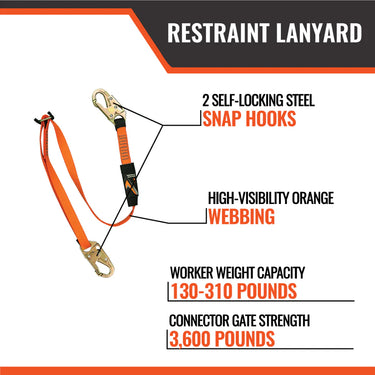 Malta Dynamics 4' - 6' Adjustable Restraint Lanyard with 2 Steel Snap Hooks – Fall Protection