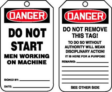 OSHA Danger Safety Tag: Do Not Start - Men Working on Machine – Lockout/Tagout