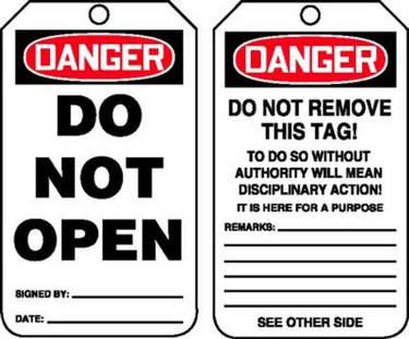OSHA Danger Safety Tag: Do Not Open – Lockout/Tagout