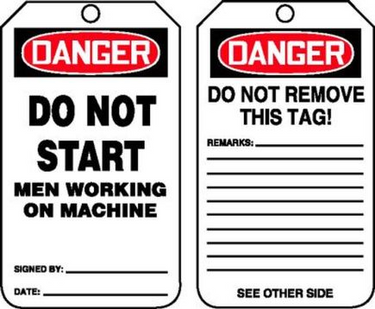 OSHA Danger Safety Tag: Do Not Start - Men Working on Machine – Lockout/Tagout