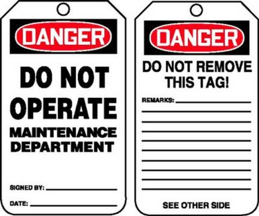 OSHA Danger Safety Tag: Do Not Operate - Maintenance Department – Lockout/Tagout