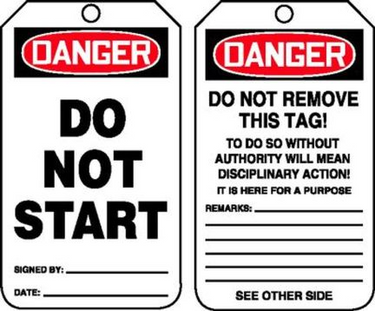 OSHA Danger Safety Tag: Do Not Start – Lockout/Tagout