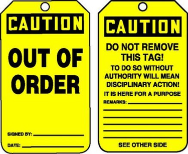 OSHA Caution Safety Tag: Out Of Order – Lockout/Tagout