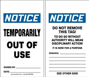 OSHA Notice Safety Tag: Temporarily Out Of Use – Lockout/Tagout