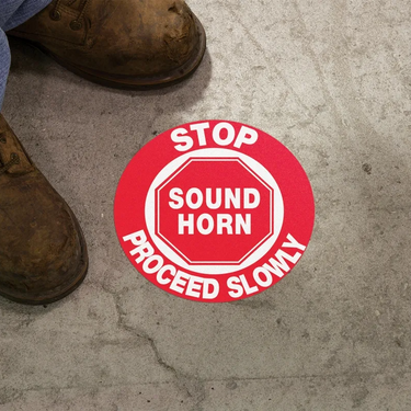 Floor Sign: Stop - Sound Horn - Proceed Slowly – Signs & Labels