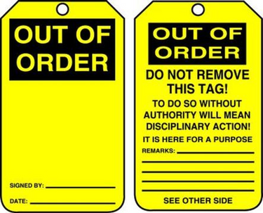 Safety Tag: Out Of Order – Lockout/Tagout