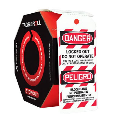 Bilingual OSHA Danger Tags By-The-Roll: Locked Out Do Not Operate – Lockout/Tagout