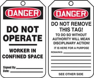 OSHA Danger Safety Tag: Do Not Operate/Worker In Confined Space – Lockout/Tagout