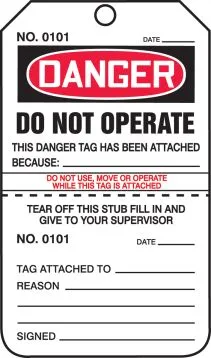 OSHA Danger Safety Tag: Do Not Operate with Perforated Stub – Lockout/Tagout