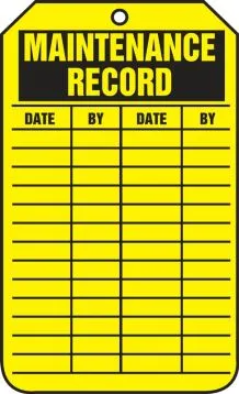 Jumbo Maintenance Status Safety Tag: Maintenance Record – Lockout/Tagout