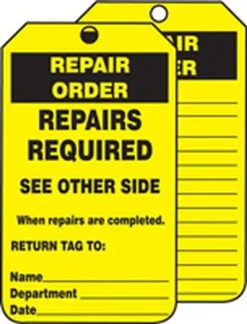 Jumbo Record Status Safety Tag: Repair Order - Repairs Required – Lockout/Tagout