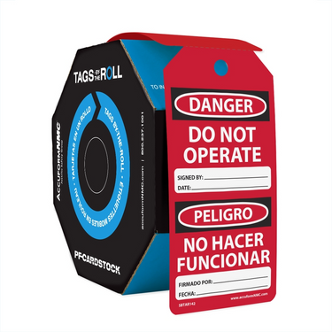 Bilingual OSHA Danger Tags By-The-Roll: Do Not Operate (Red) – Lockout/Tagout