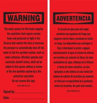 OSHA Warning Safety Tag: Do Not Reduce Water Flow Pressure (California R313.3.7) – Lockout/Tagout
