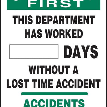 OSHA Safety First Write-A-Day Scoreboards: This Department Has Worked _ Days Without A Lost Time Accident - Accidents Are Avoidable – Signs & Labels